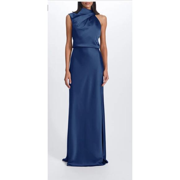 AMSALE Fluid Satin Draped Neck Dress French Blue Size 6 $595.00 - Picture 1 of 5